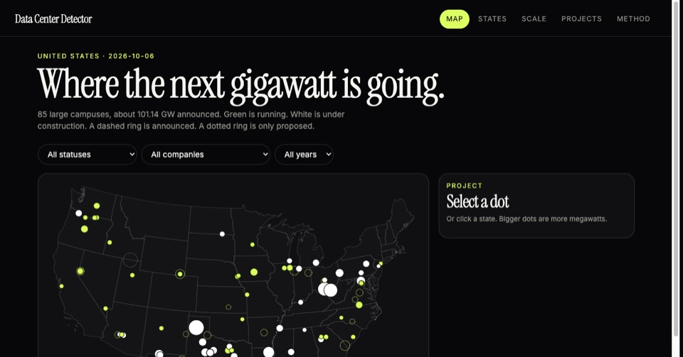 Data Center Detector: a dark US map with dots for each large data center campus